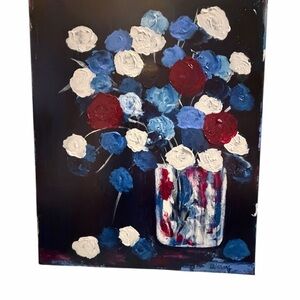 Original Acrylic Artwork Canvas Art Impressionistic Vase of Roses 16 x 20"